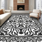 Intricate Black White Scrolling Vines Rug