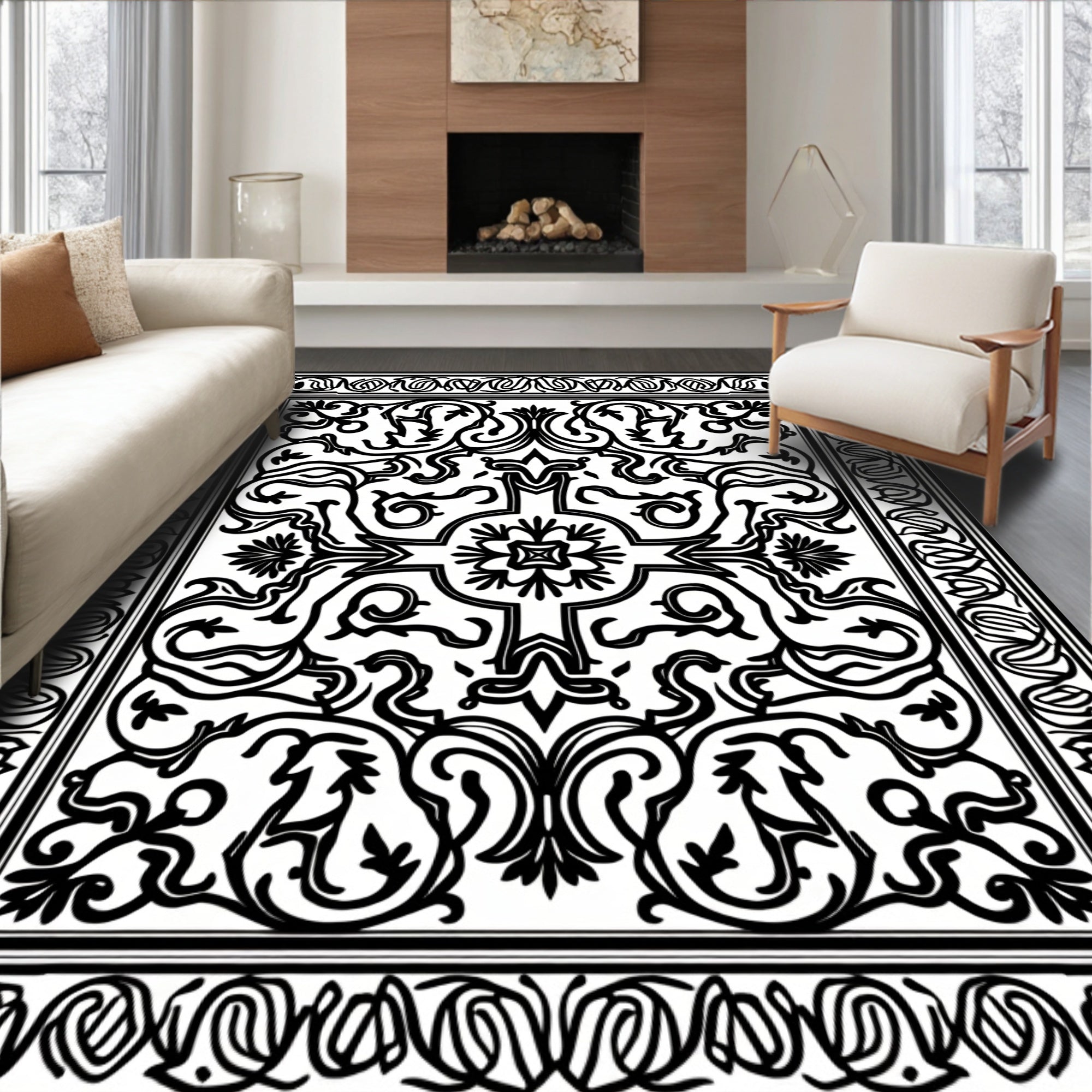 Intricate Black White Scrolling Vines Rug