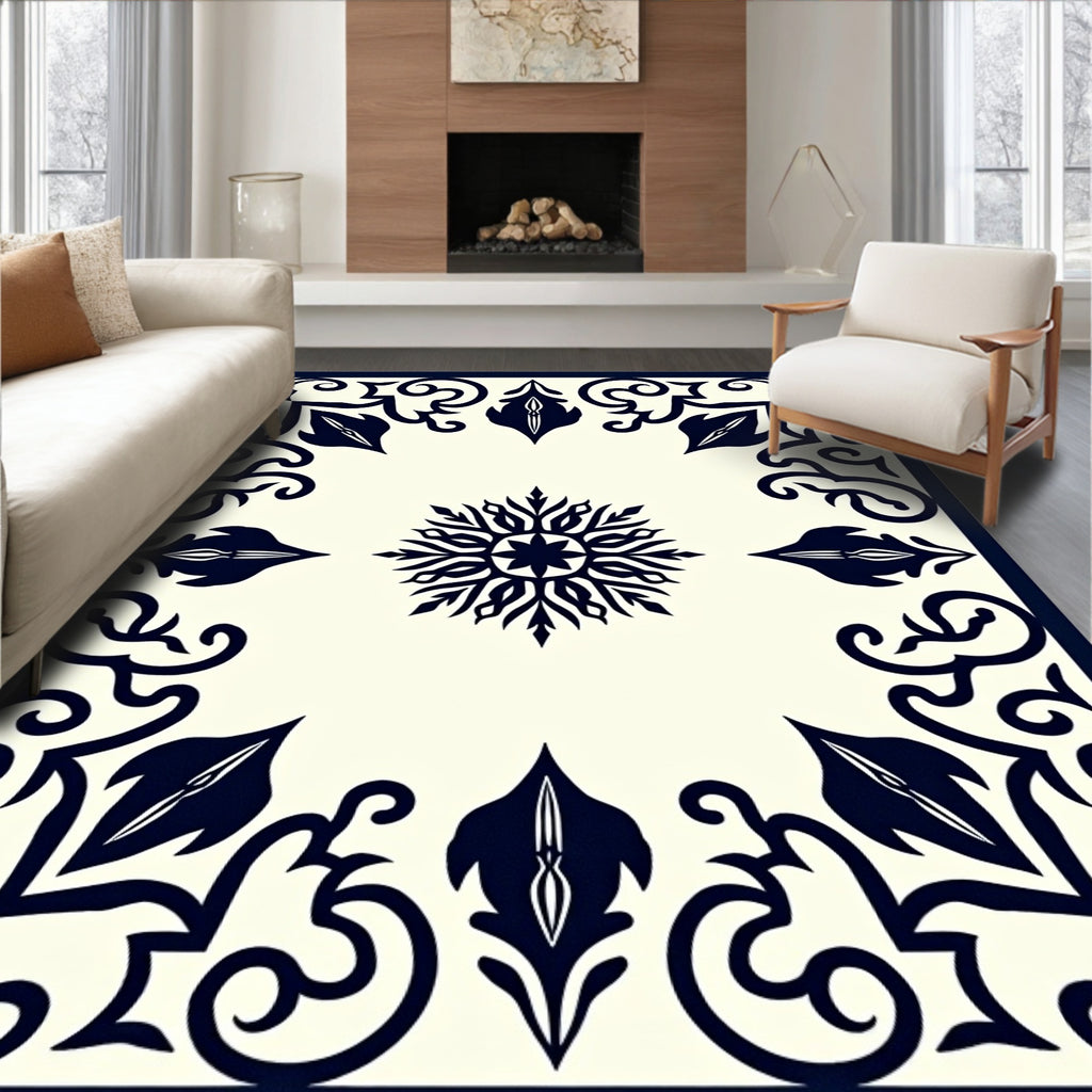 Navy White Ornamental Starburst Floral Rug