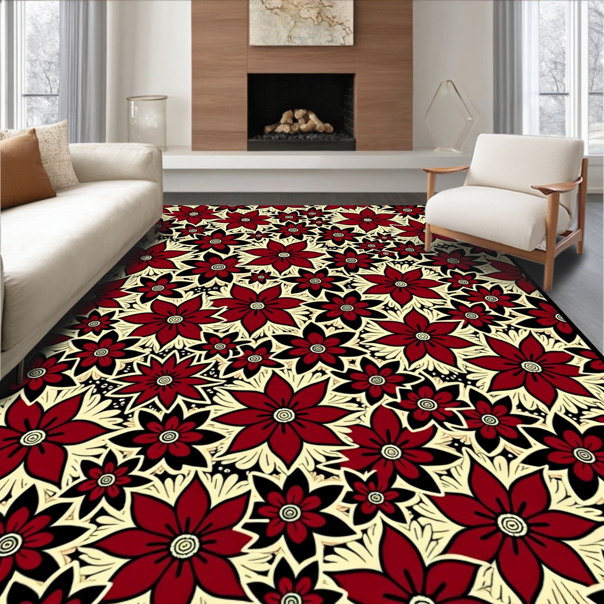 Crimson Floral Filled Backdrop Rug