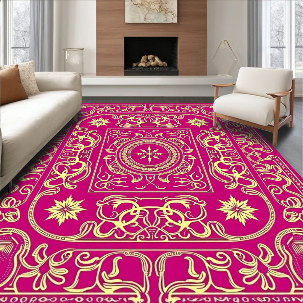 Vibrant Pink and Gold Ornate Medallion Rug