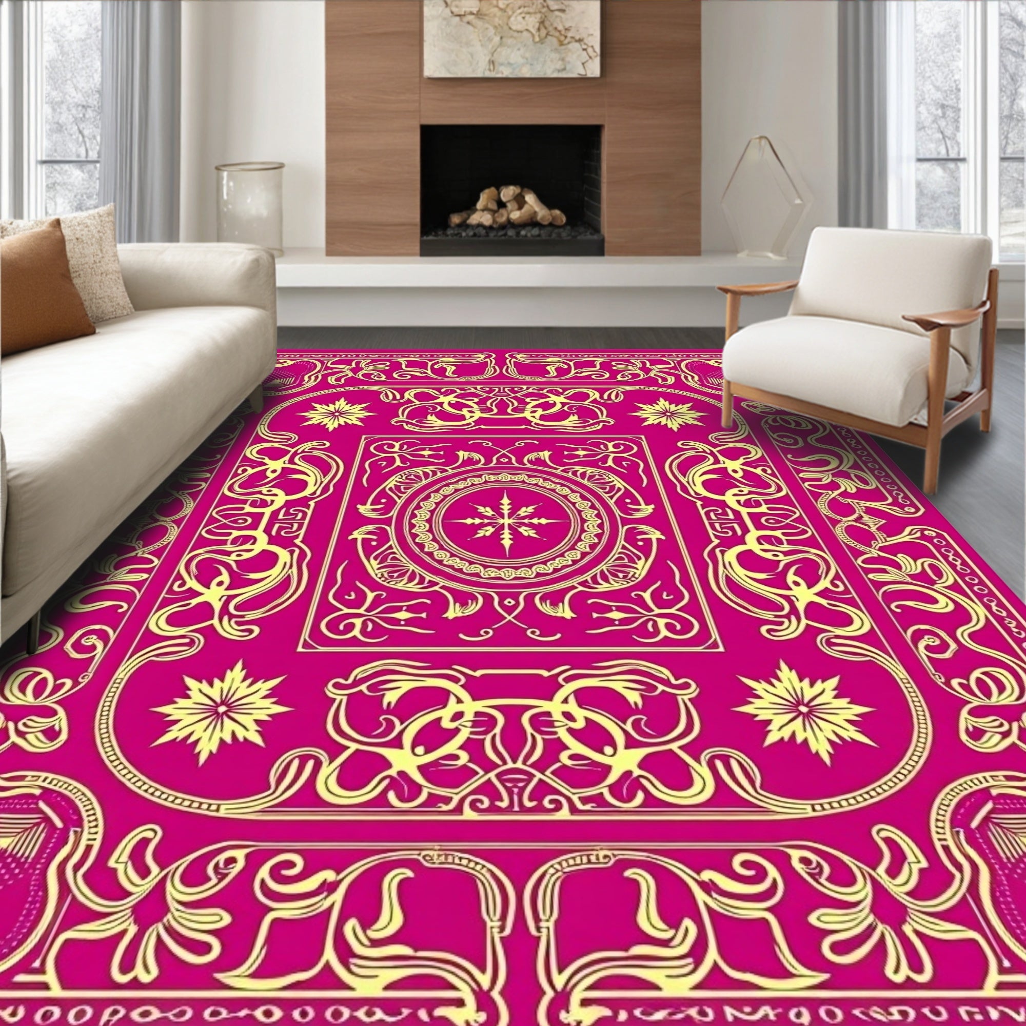 Vibrant Pink and Gold Ornate Medallion Rug