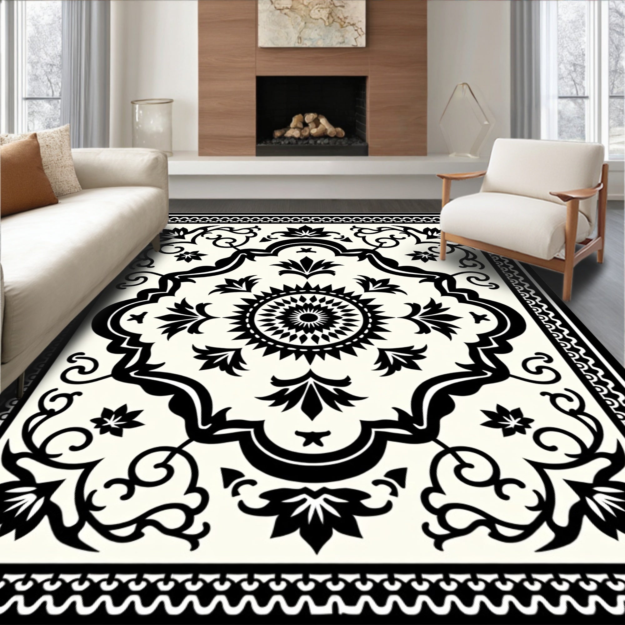 Monochromatic Floral Medallion Scroll Border Rug