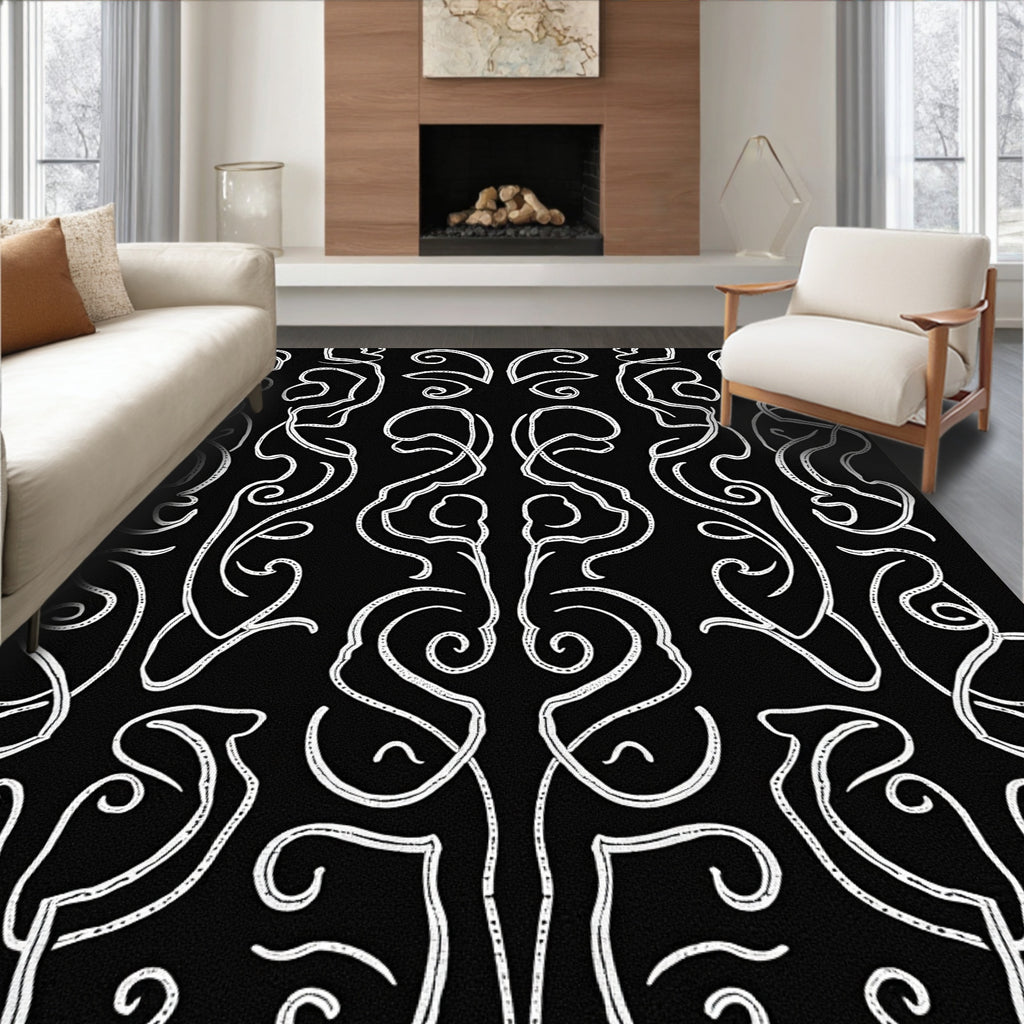 Organic White Swirls Black Textured Rug