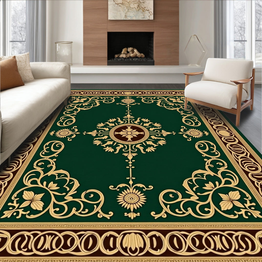 Ornate Dark Green Floral Scrollwork Rug