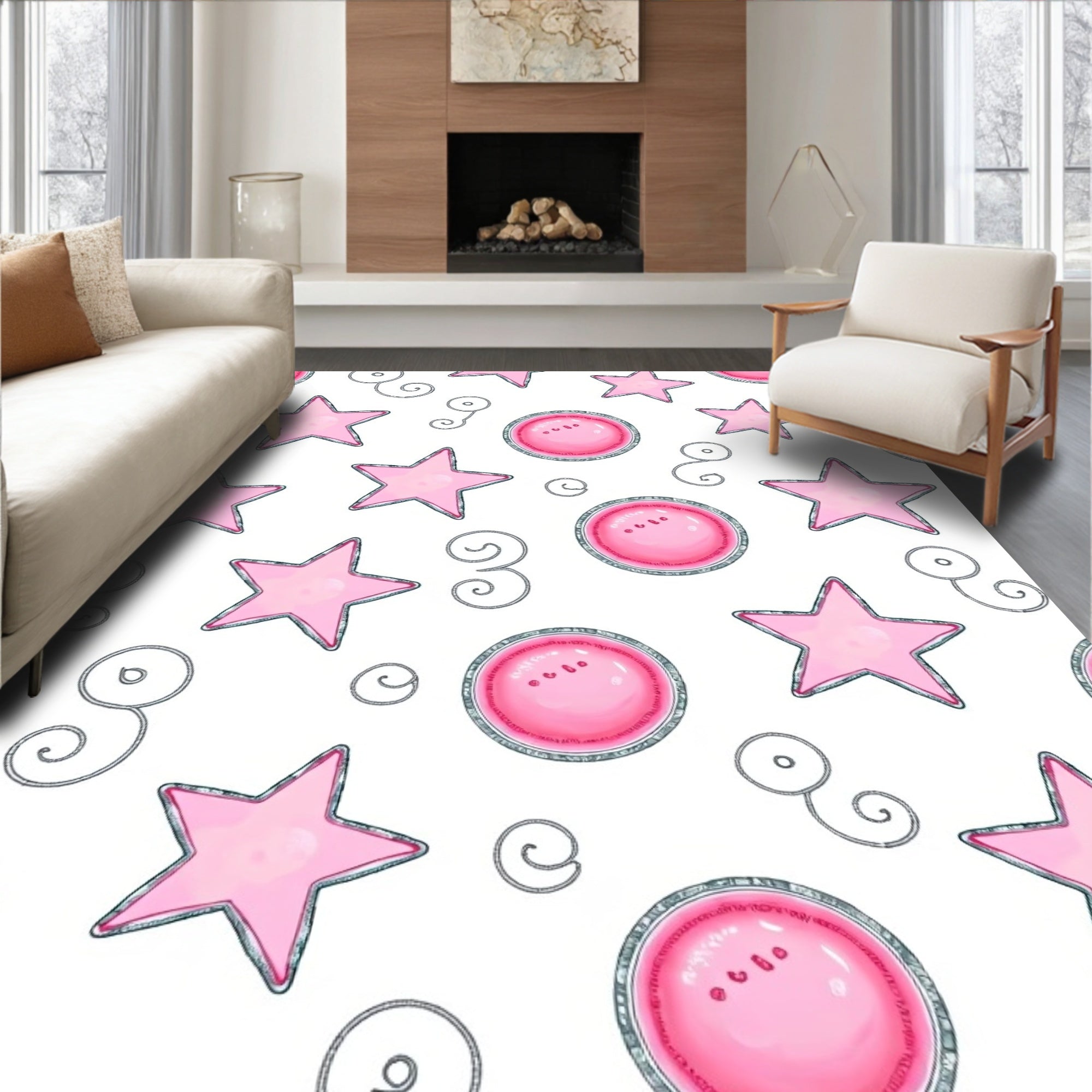 Pink Celestial Circles and Stars Rug