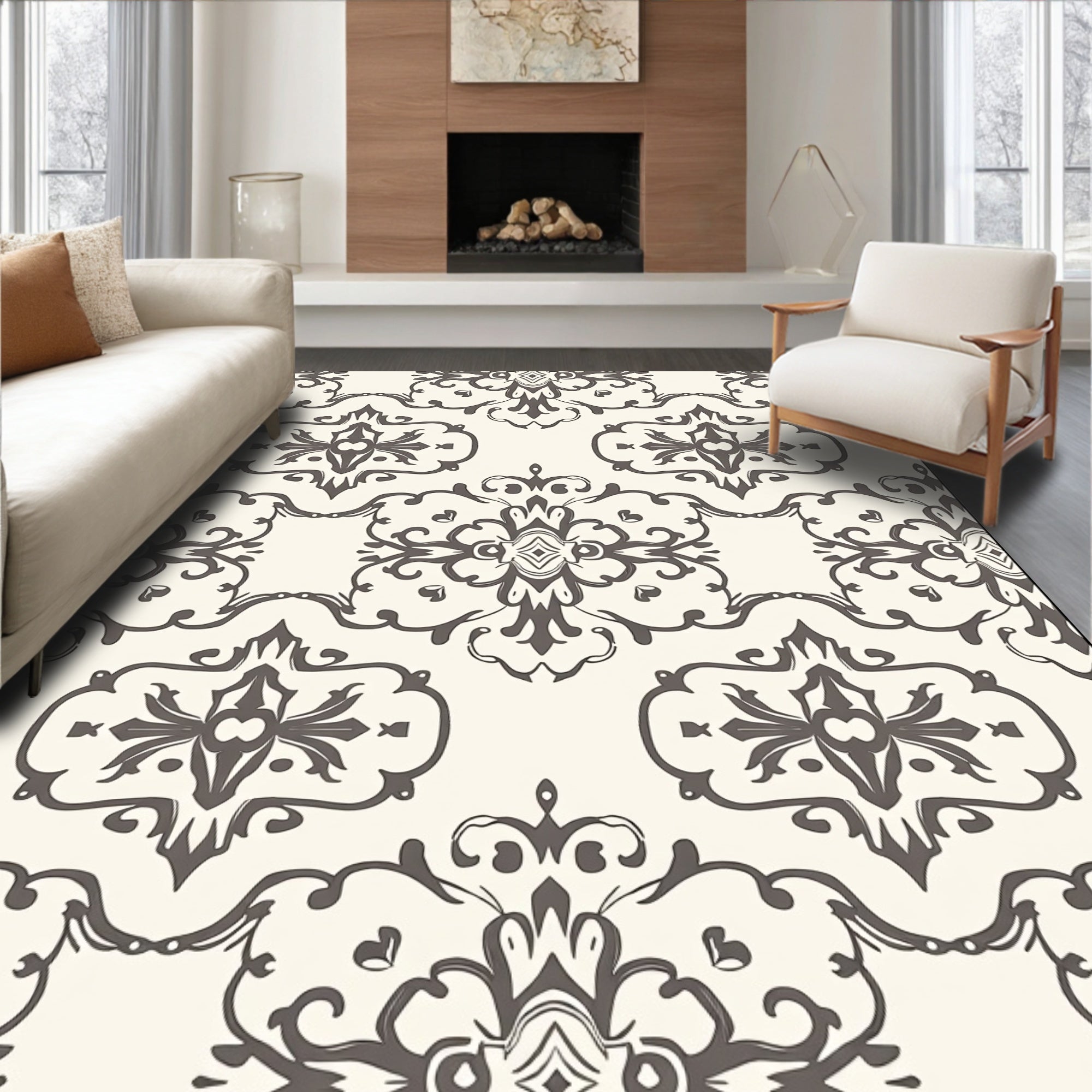 Dark Gray Traditional Damask Scroll Rug