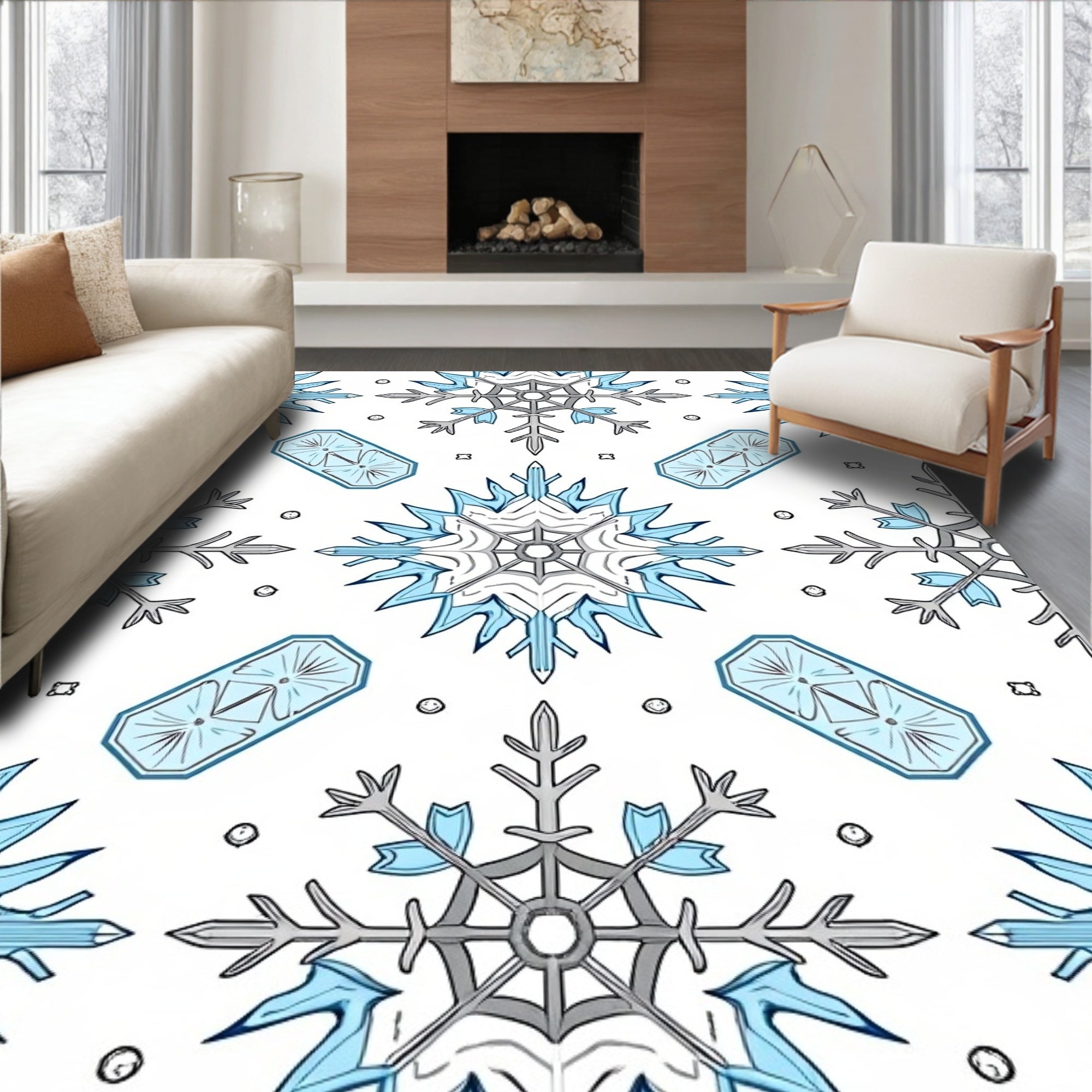 Cool Blue Snowflake Geometric Tile Rug