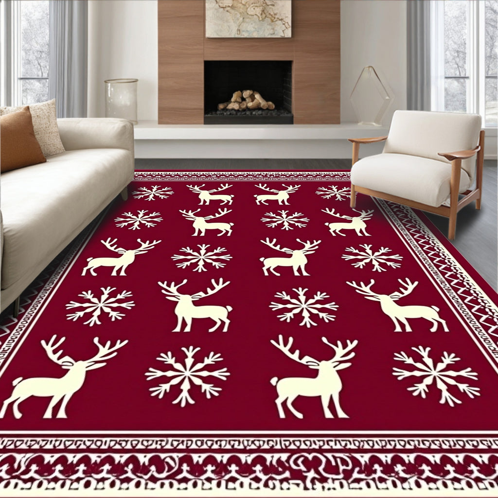 Crimson Reindeer Snowflake Repeating Pattern Rug