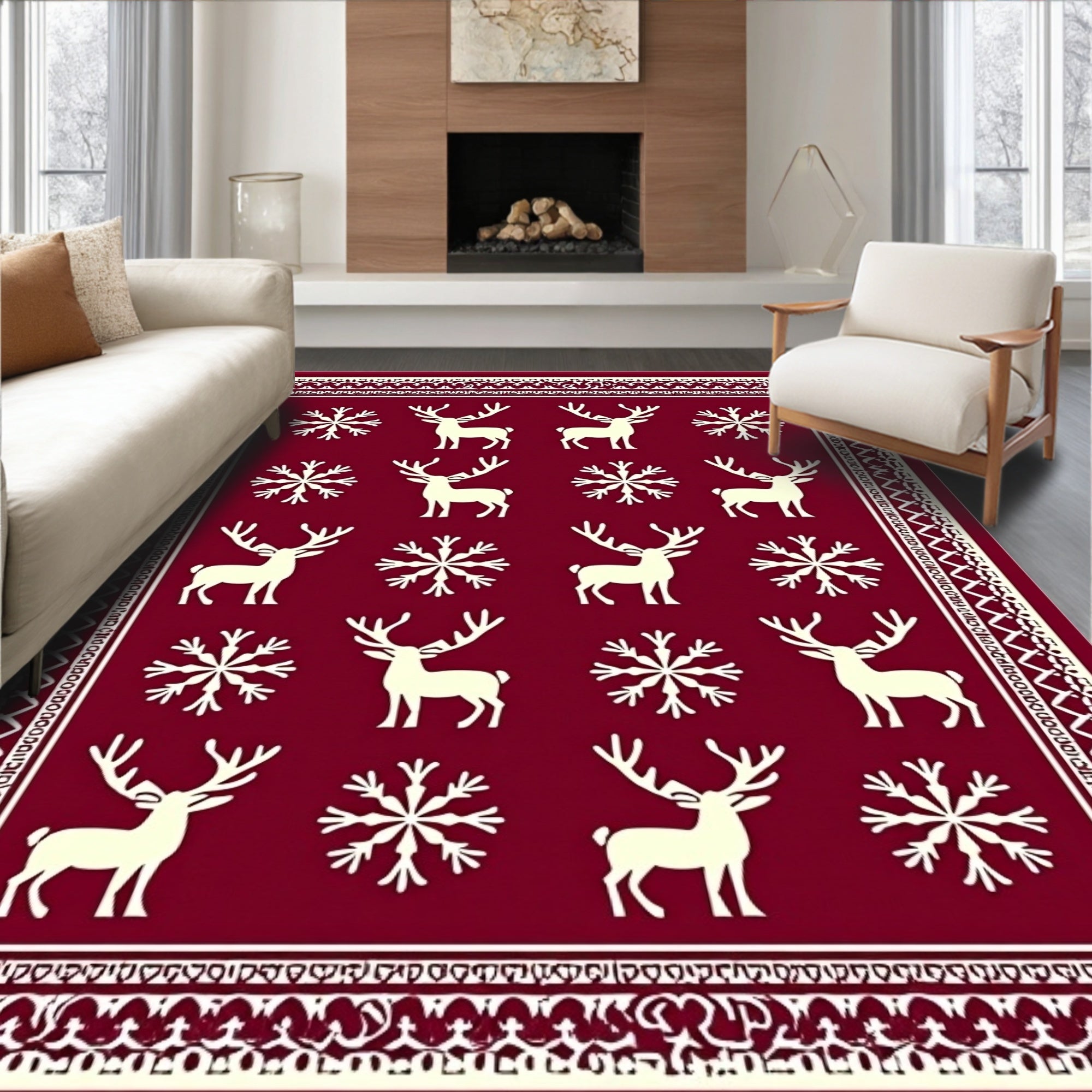 Crimson Reindeer Snowflake Repeating Pattern Rug