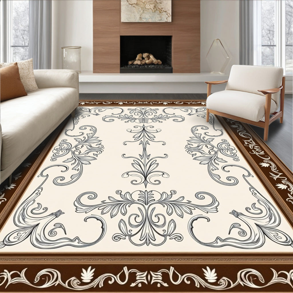 Brown Cream Elaborate Scrollwork Area Rug
