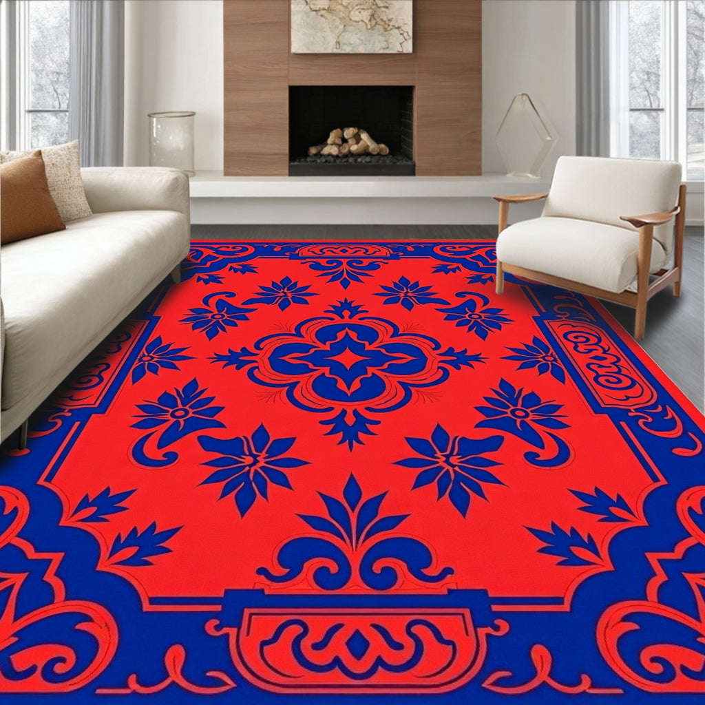 Vibrant Red Blue Floral Medallion Rug