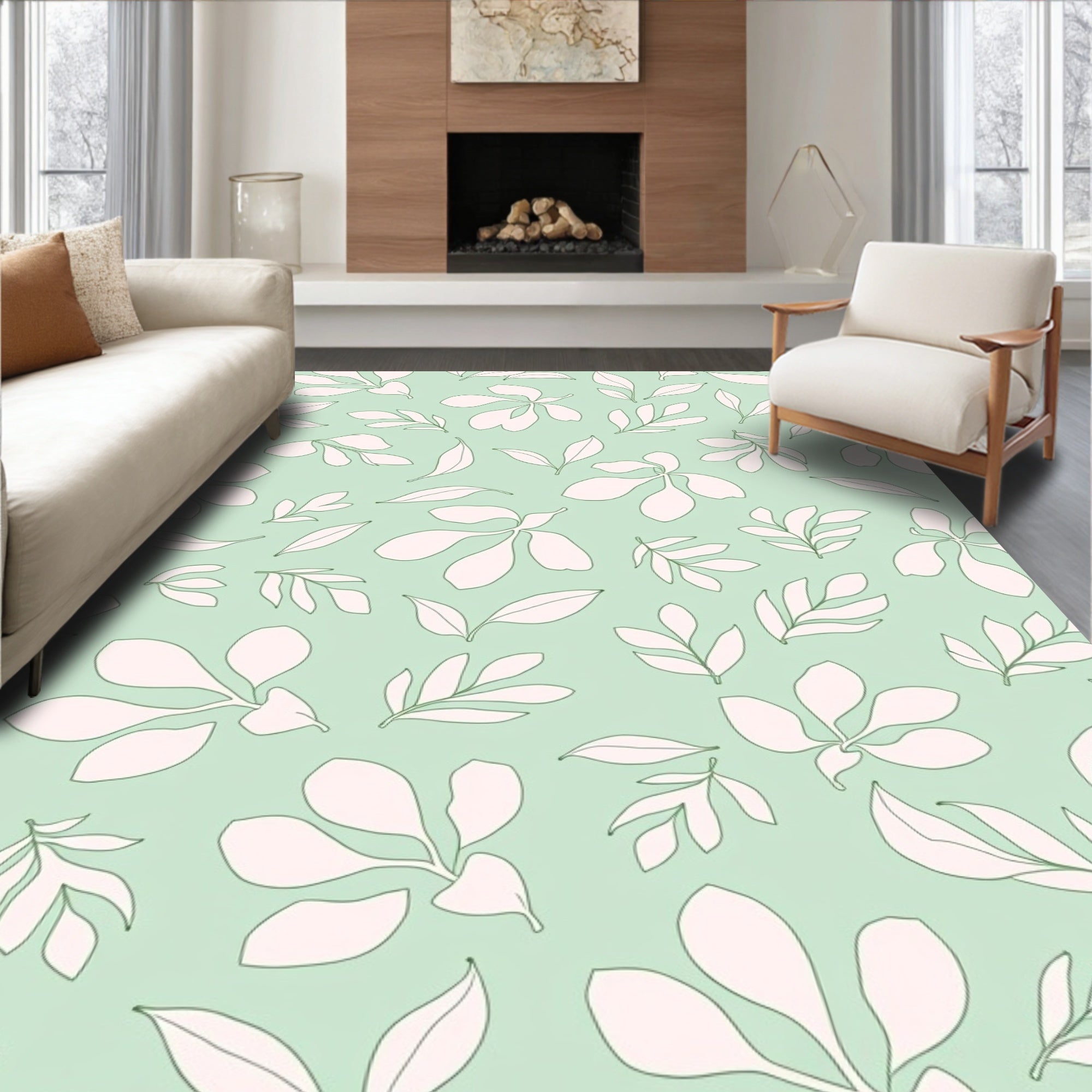 Soft Pink Foliage Mint Background Rug