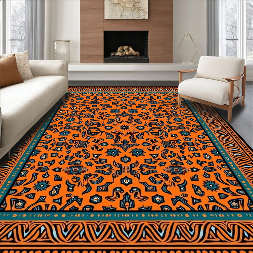 Vibrant Orange Teal Medallion Border Rug