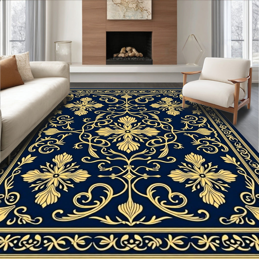 Deep Sapphire Golden Floral Medallion Rug