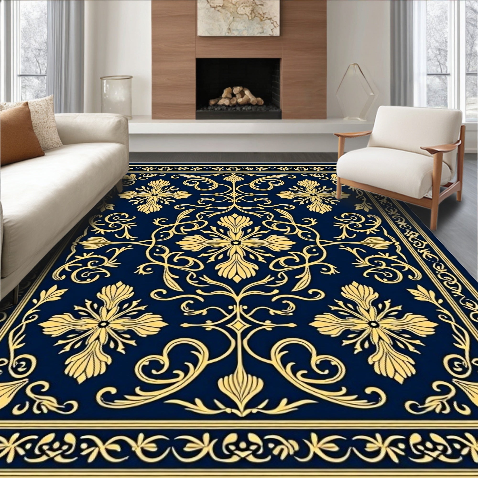 Deep Sapphire Golden Floral Medallion Rug