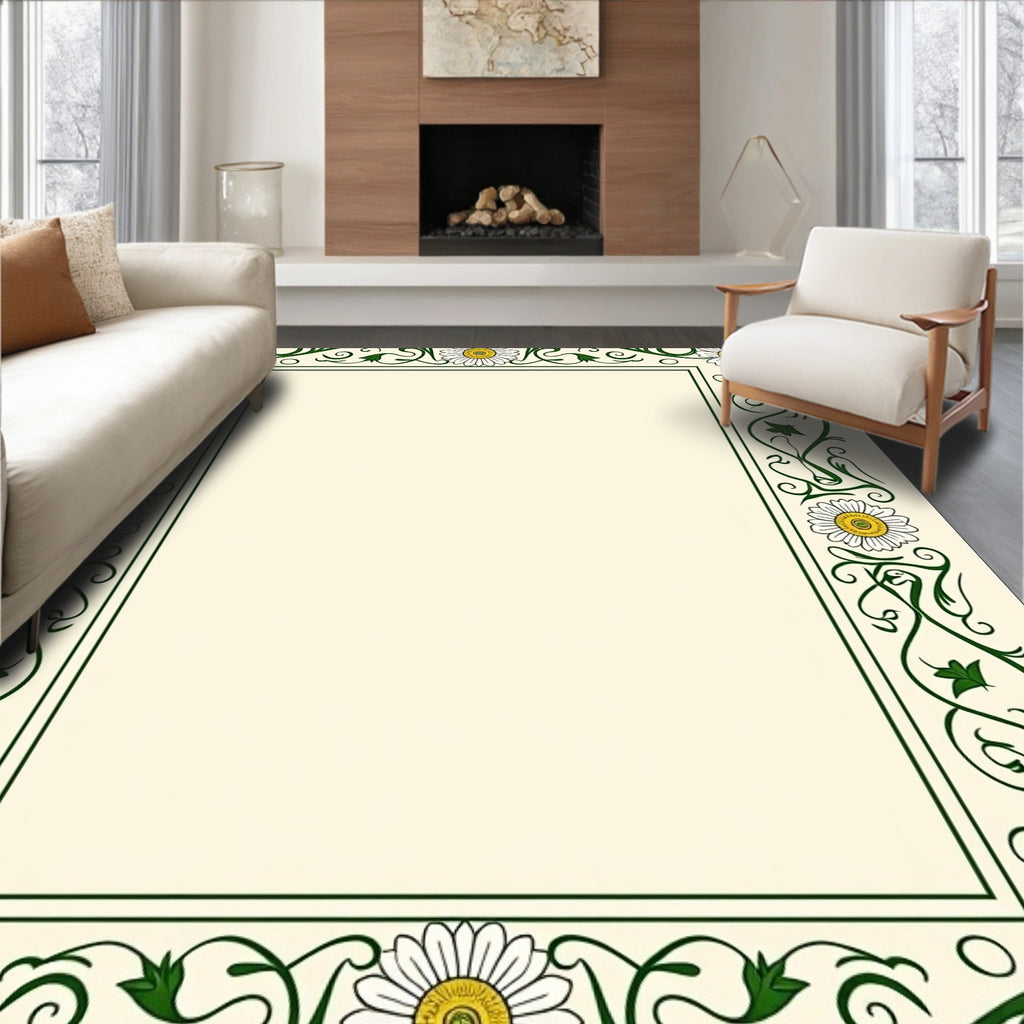 Cream Green Daisy Art Nouveau Border Rug