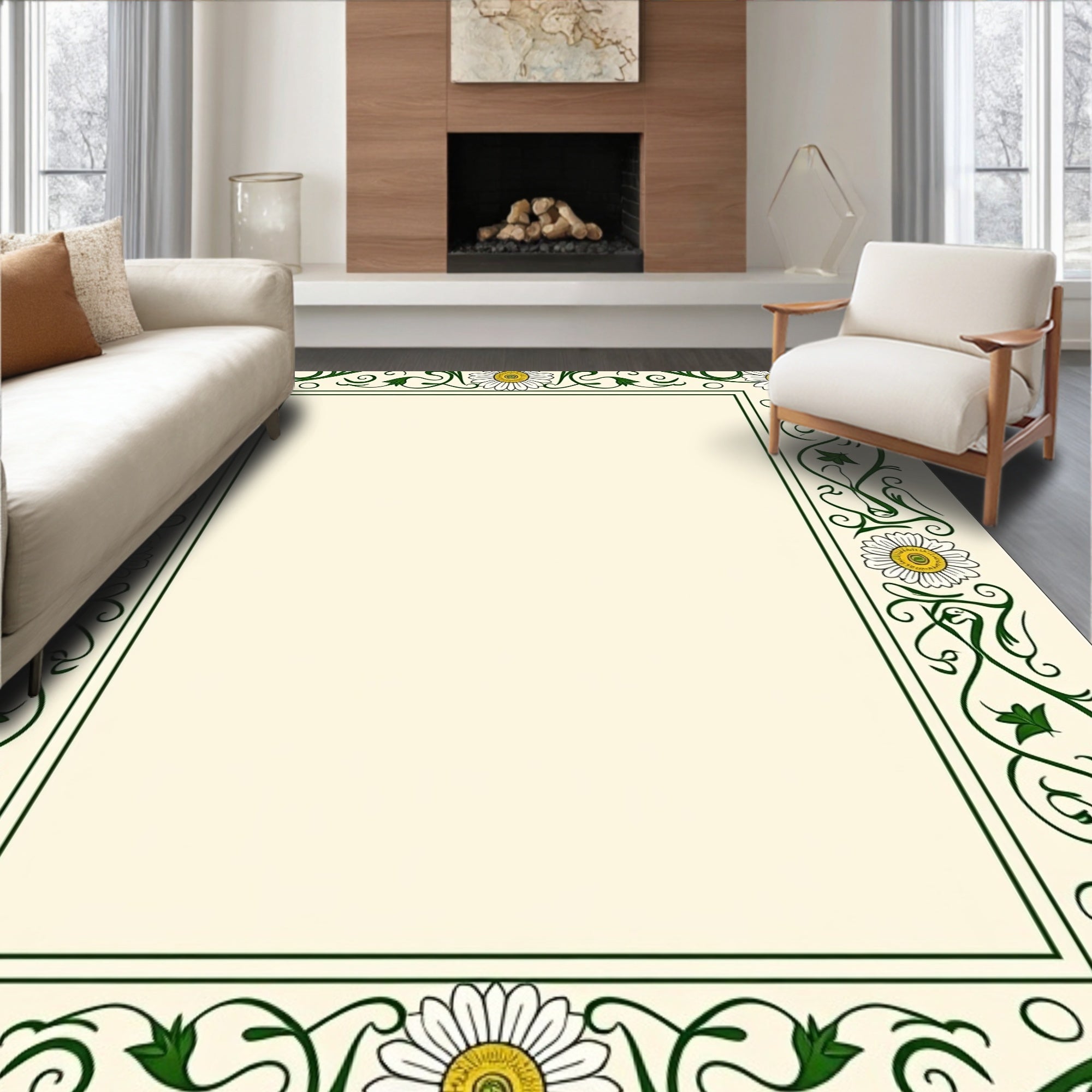 Cream Green Daisy Art Nouveau Border Rug