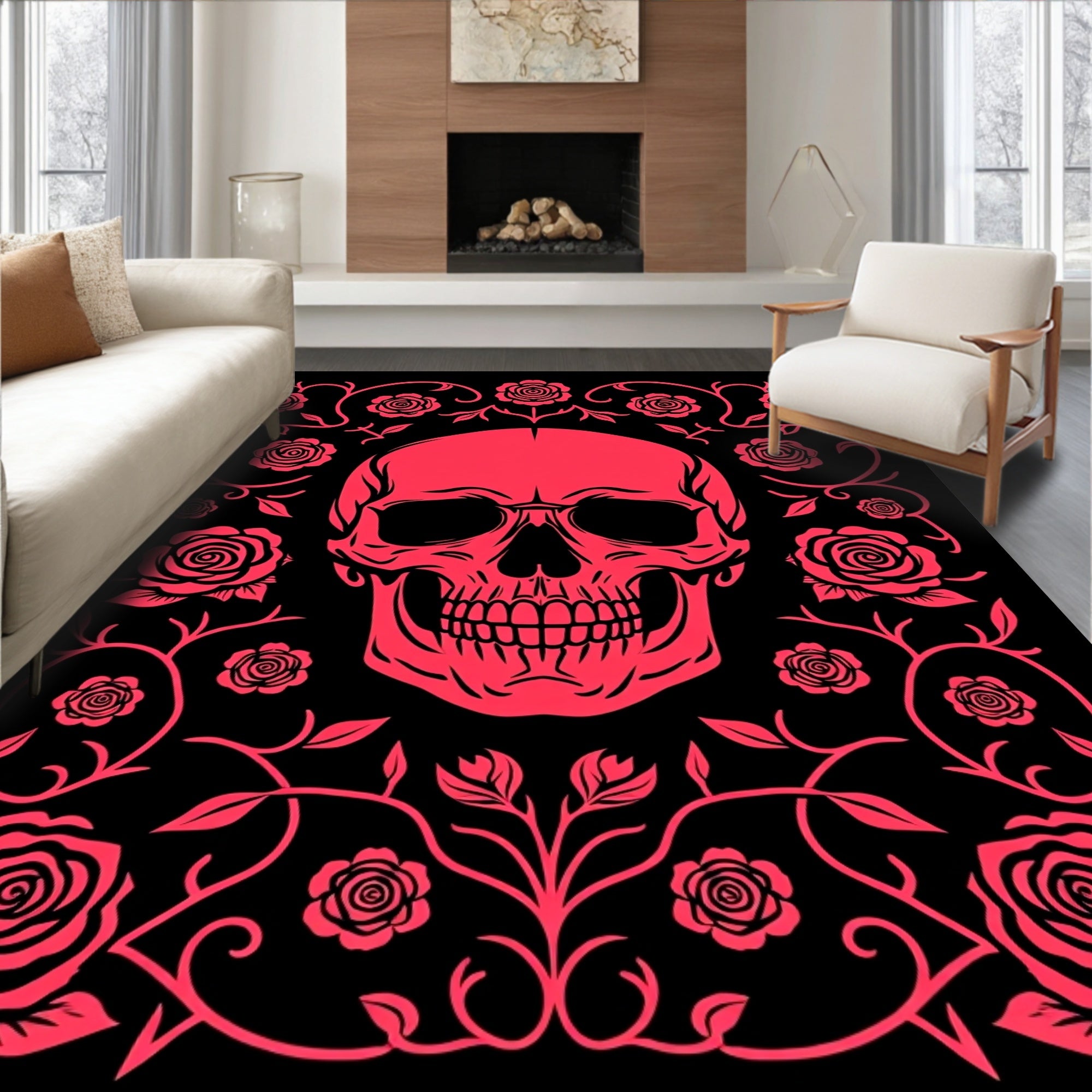 Crimson Skull With Rose Vine Border Rug