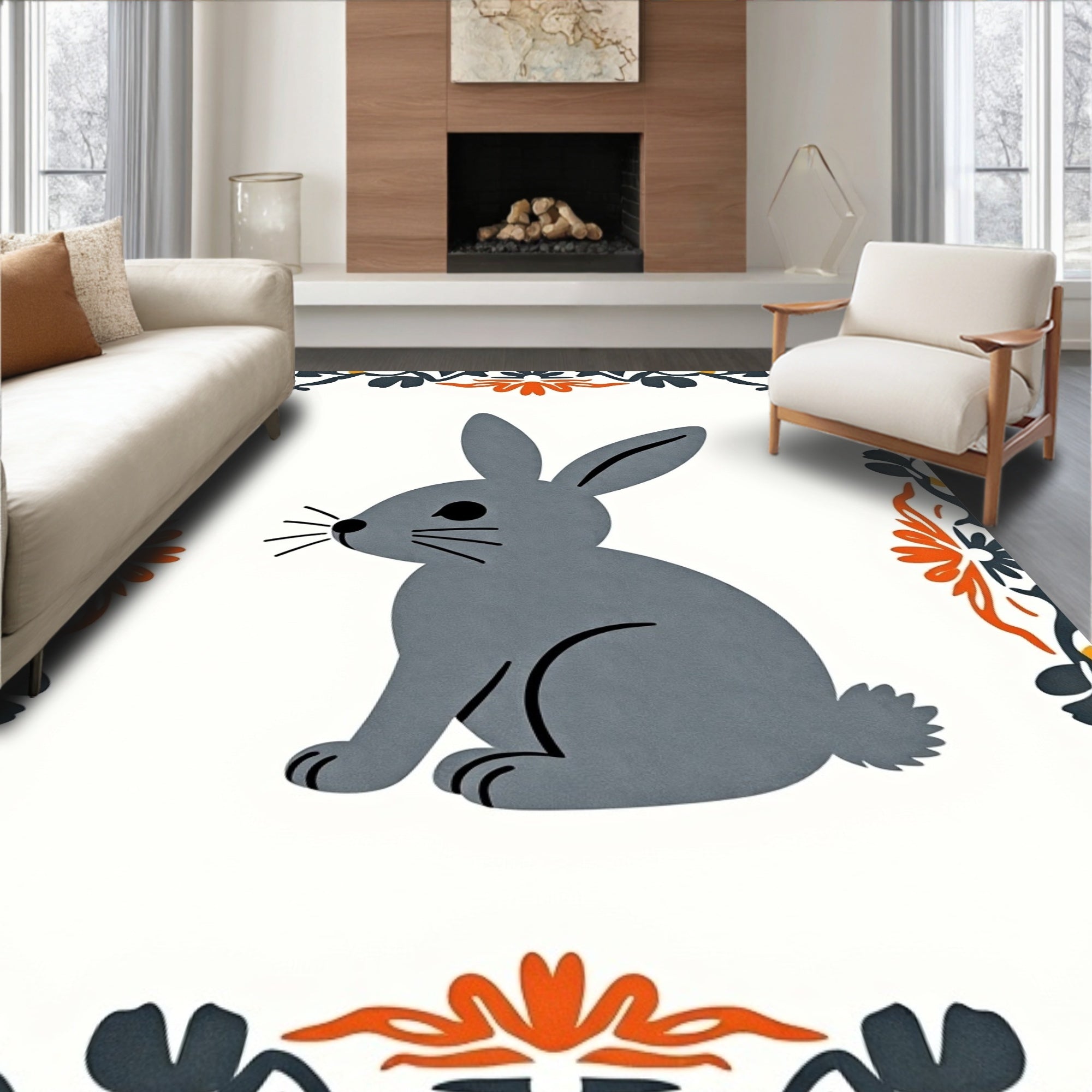 Gray Sitting Rabbit Floral Border Rug