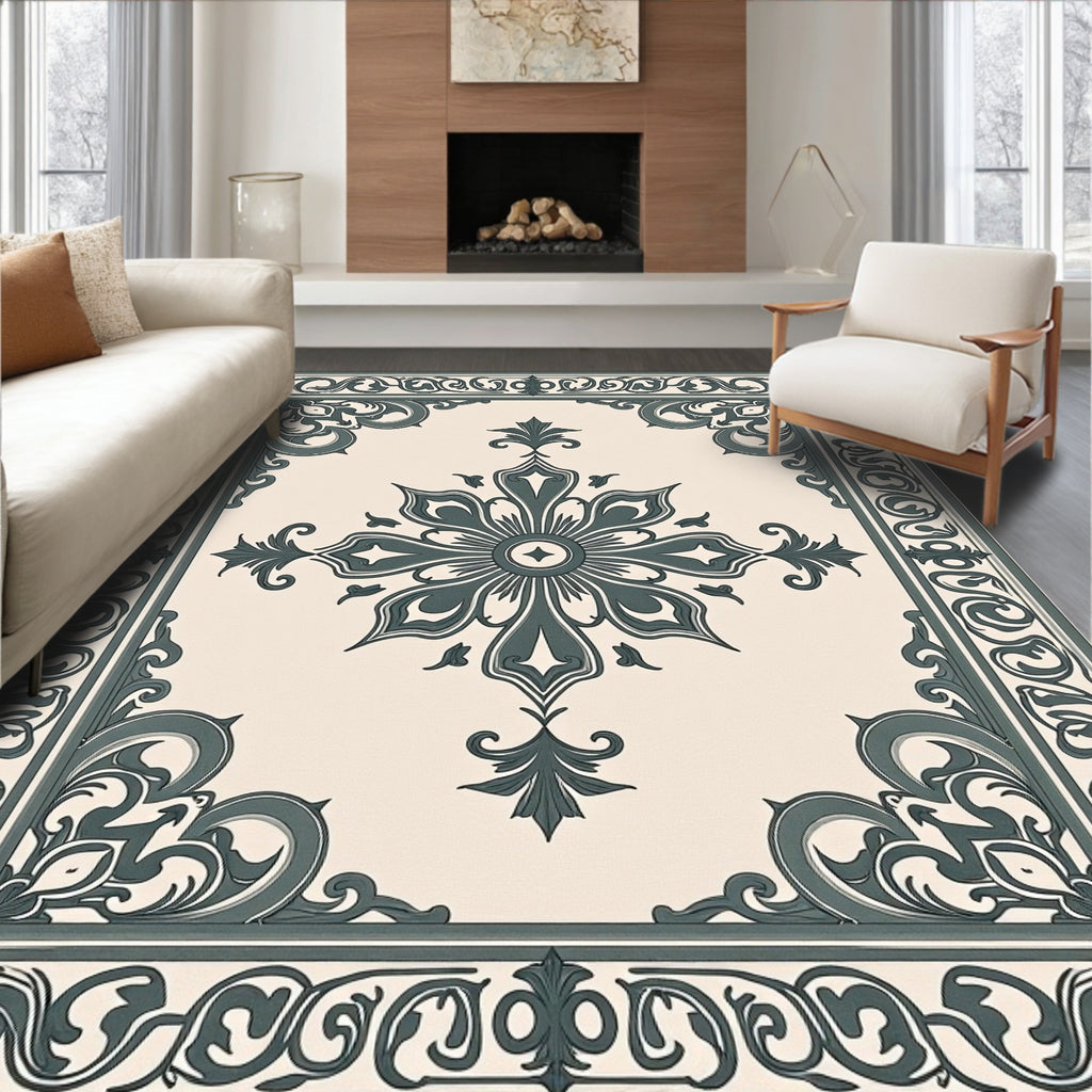 Classic Teal Floral Medallion Border Rug