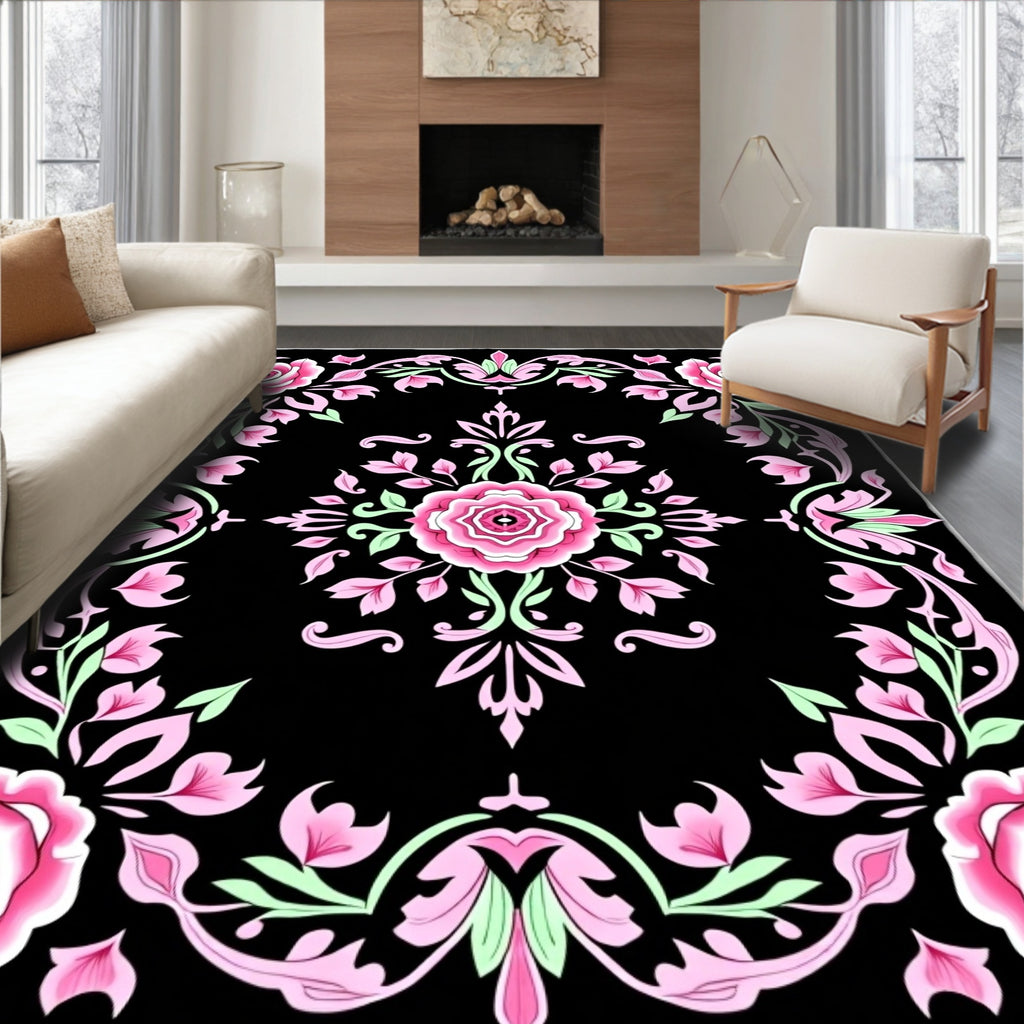 Pink Rose Garden Black Backdrop Rug