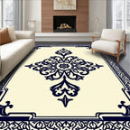 Navy Floral Medallion Ivory Geometric Frame Rug