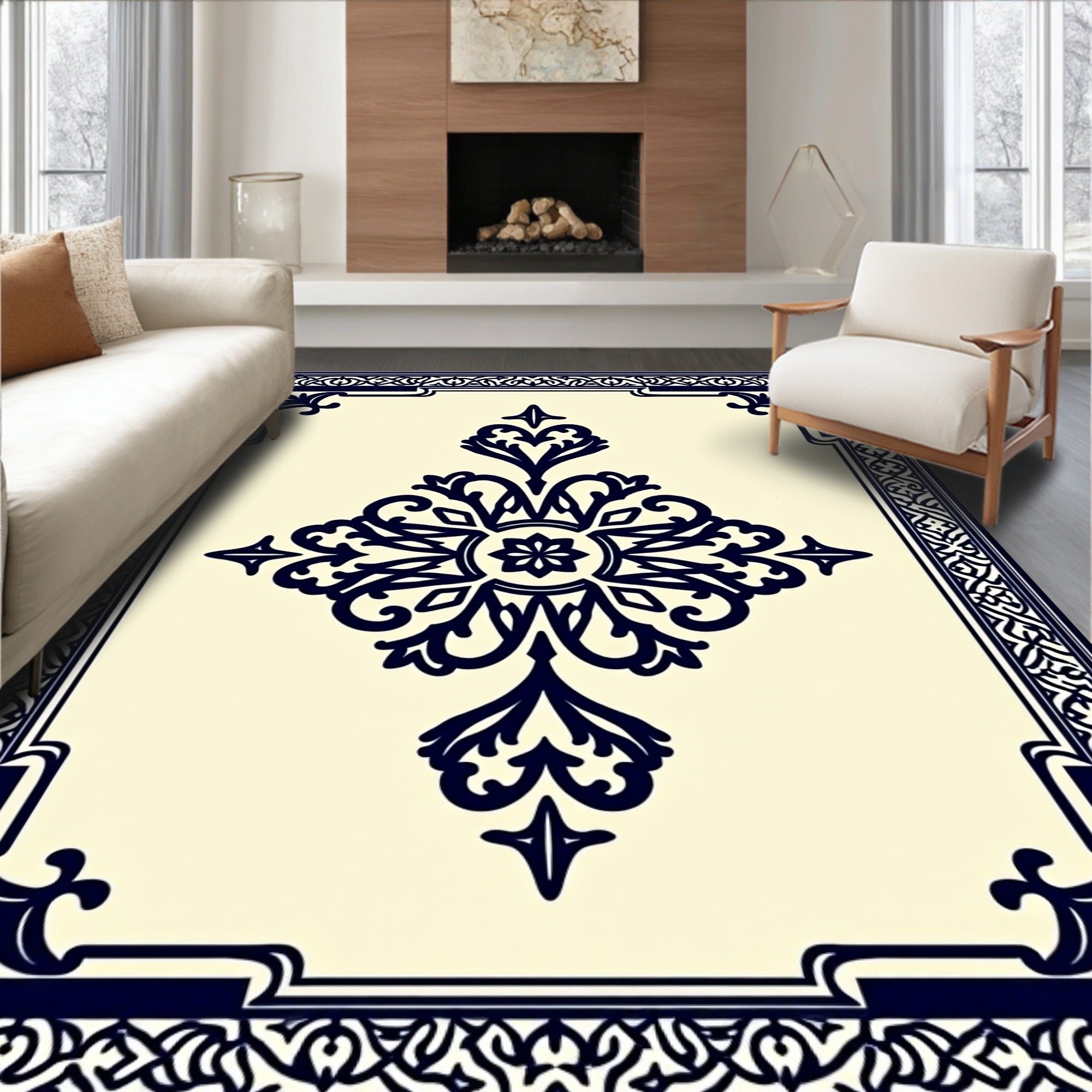 Navy Floral Medallion Ivory Geometric Frame Rug