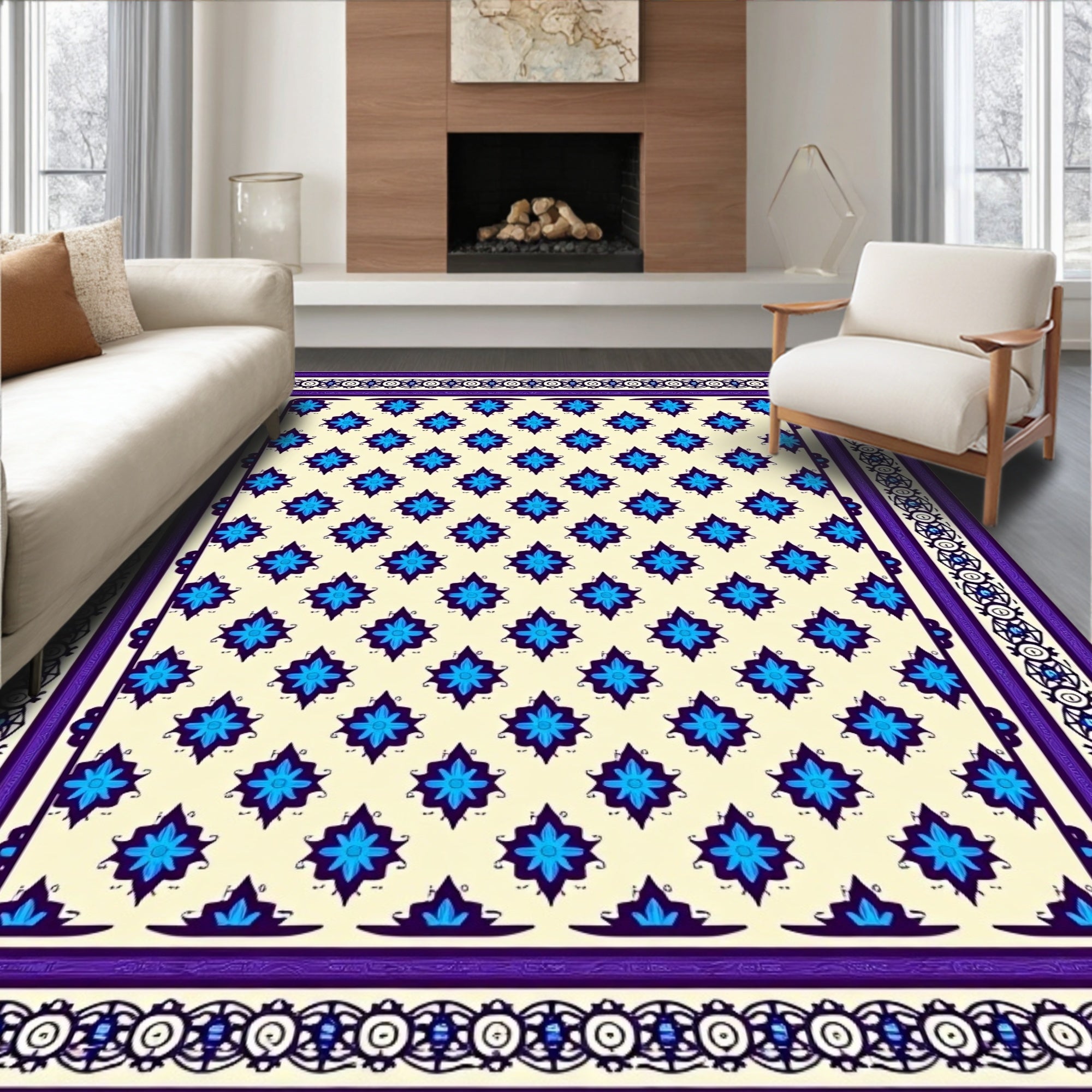 Ivory Blue Star Medallion Bordered Rug