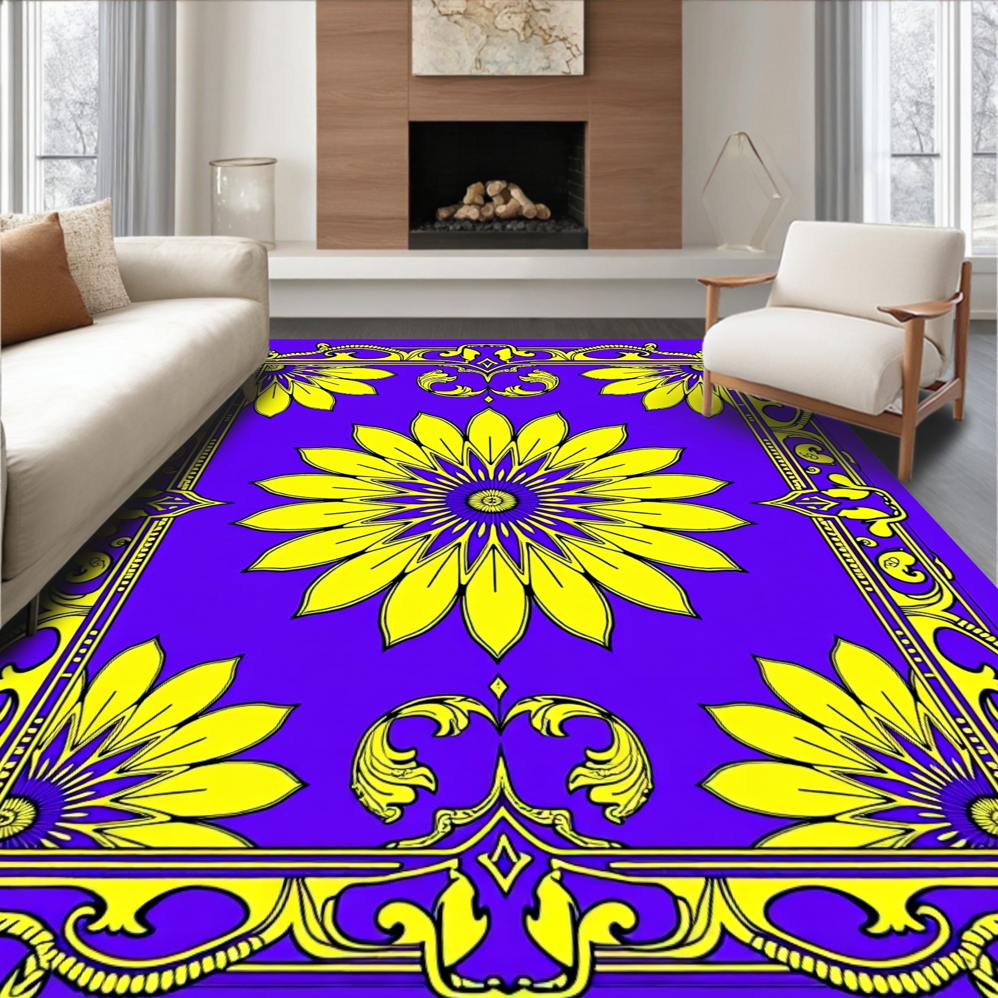 Vibrant Yellow Floral Garden Border Rug