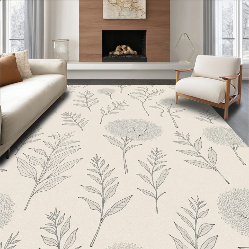 Botanical Line Art Floral Cream Rug