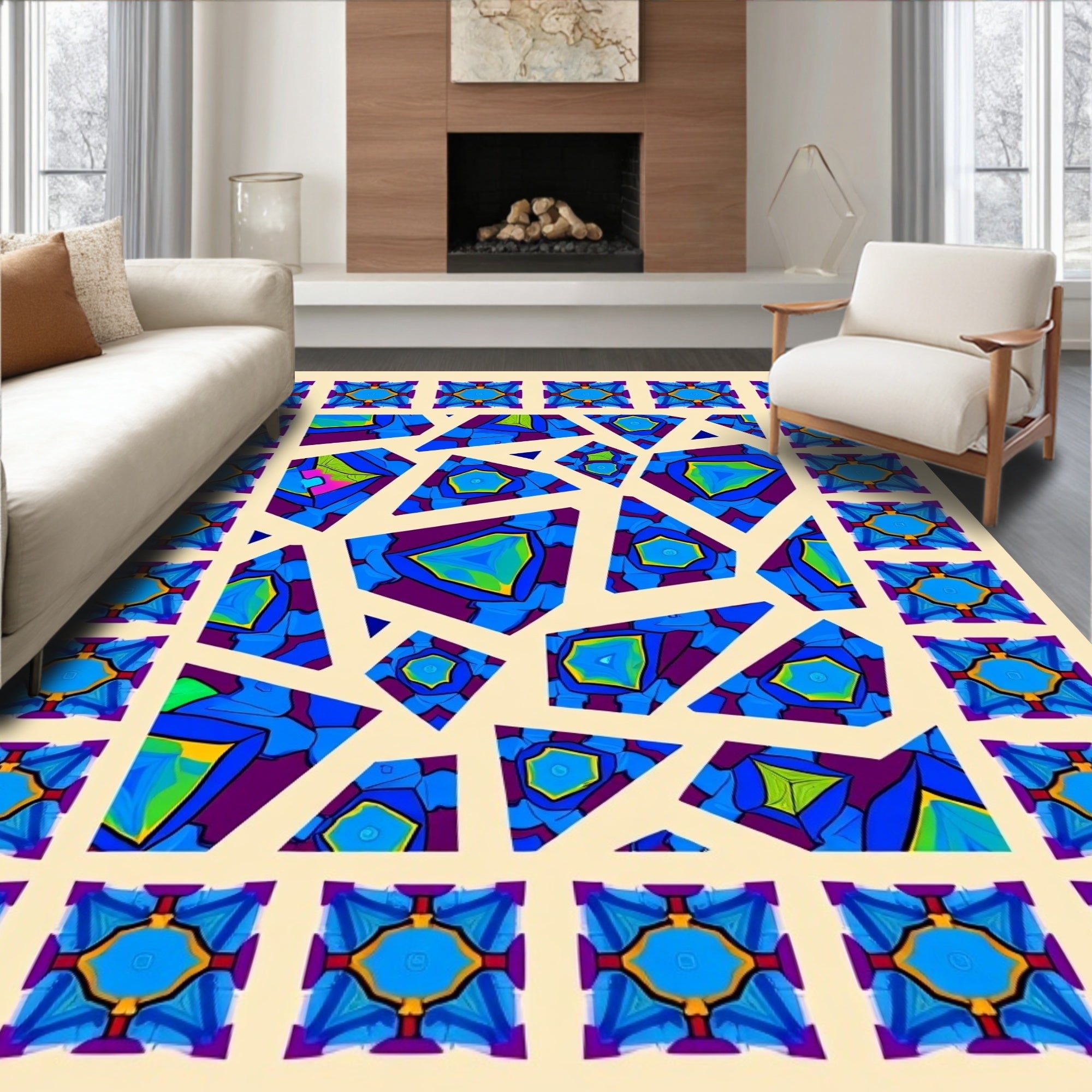 Vibrant Blue Geometric Kaleidoscope Rug