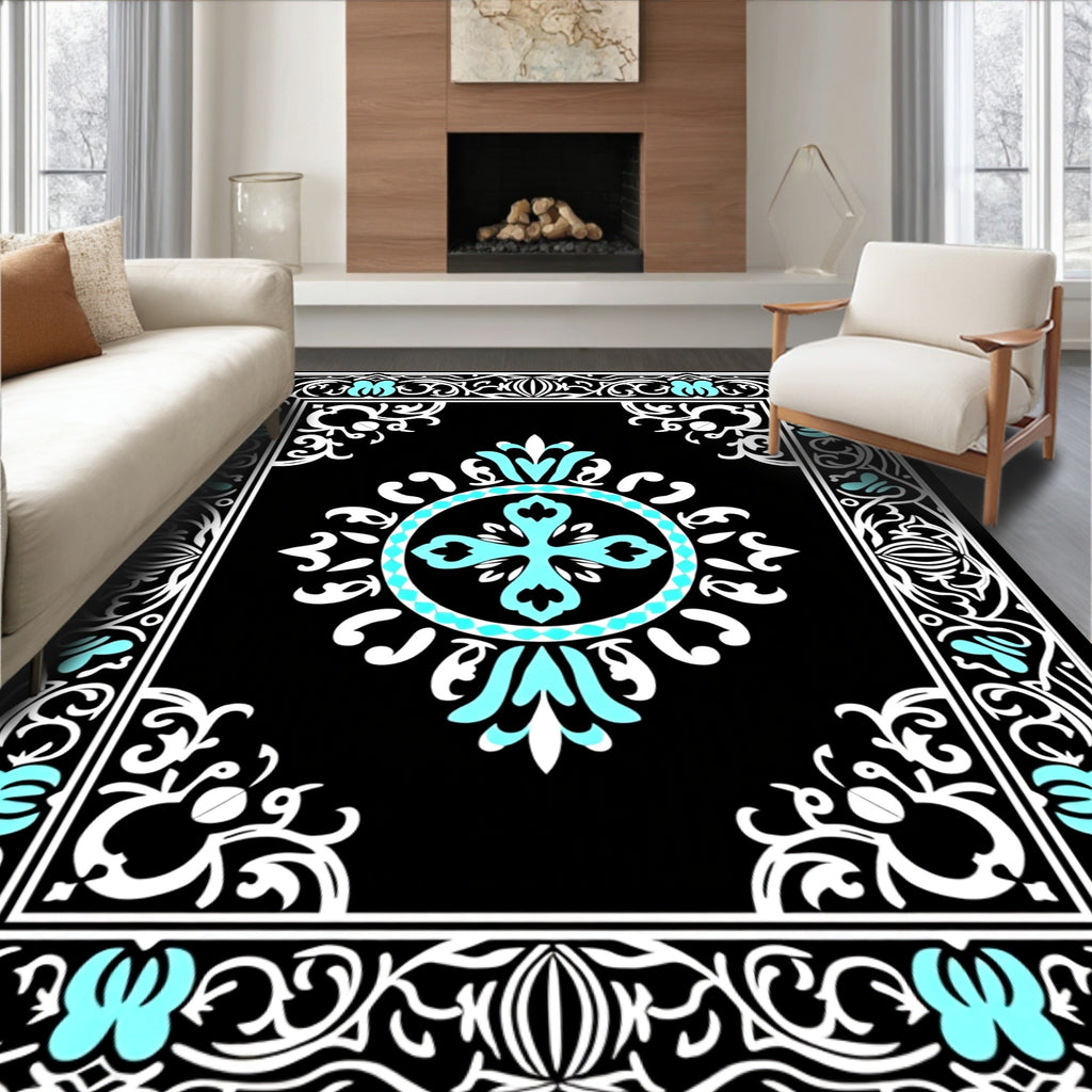 Elegant Black Teal Floral Ornament Rug