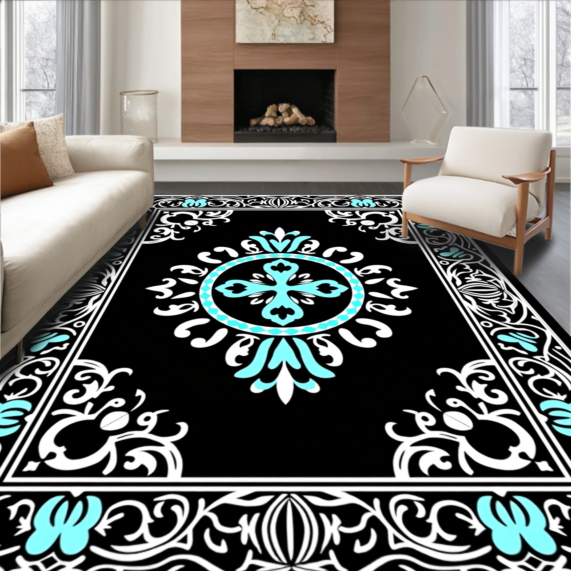 Elegant Black Teal Floral Ornament Rug