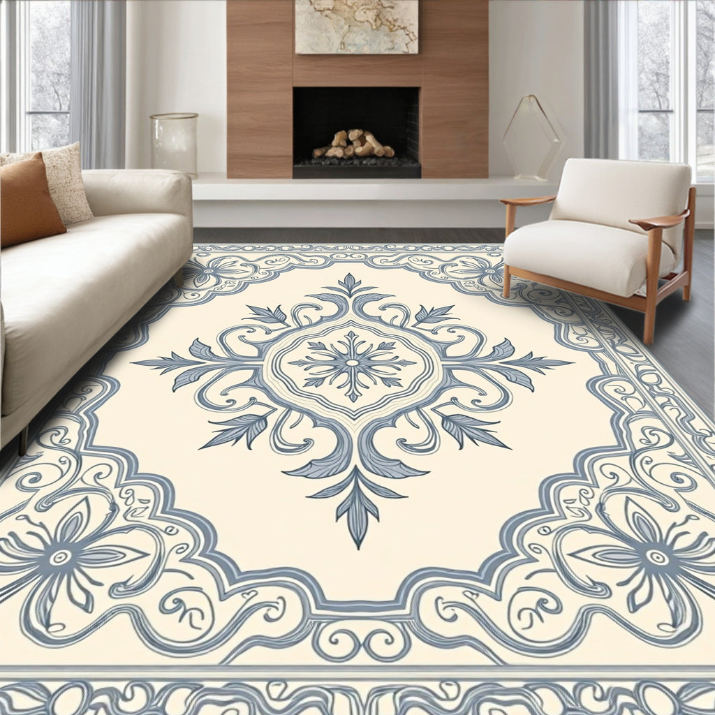 Cream White Blue Floral Medallion Rug