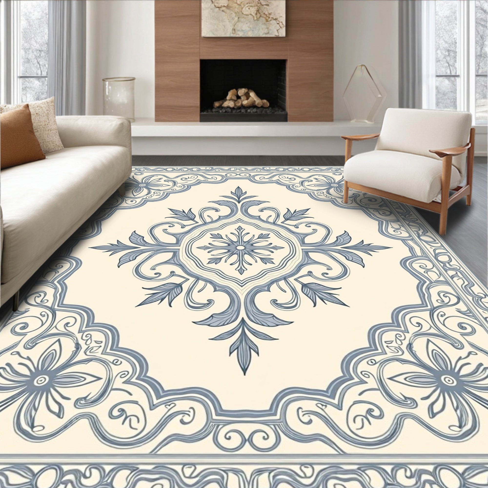 Cream White Blue Floral Medallion Rug