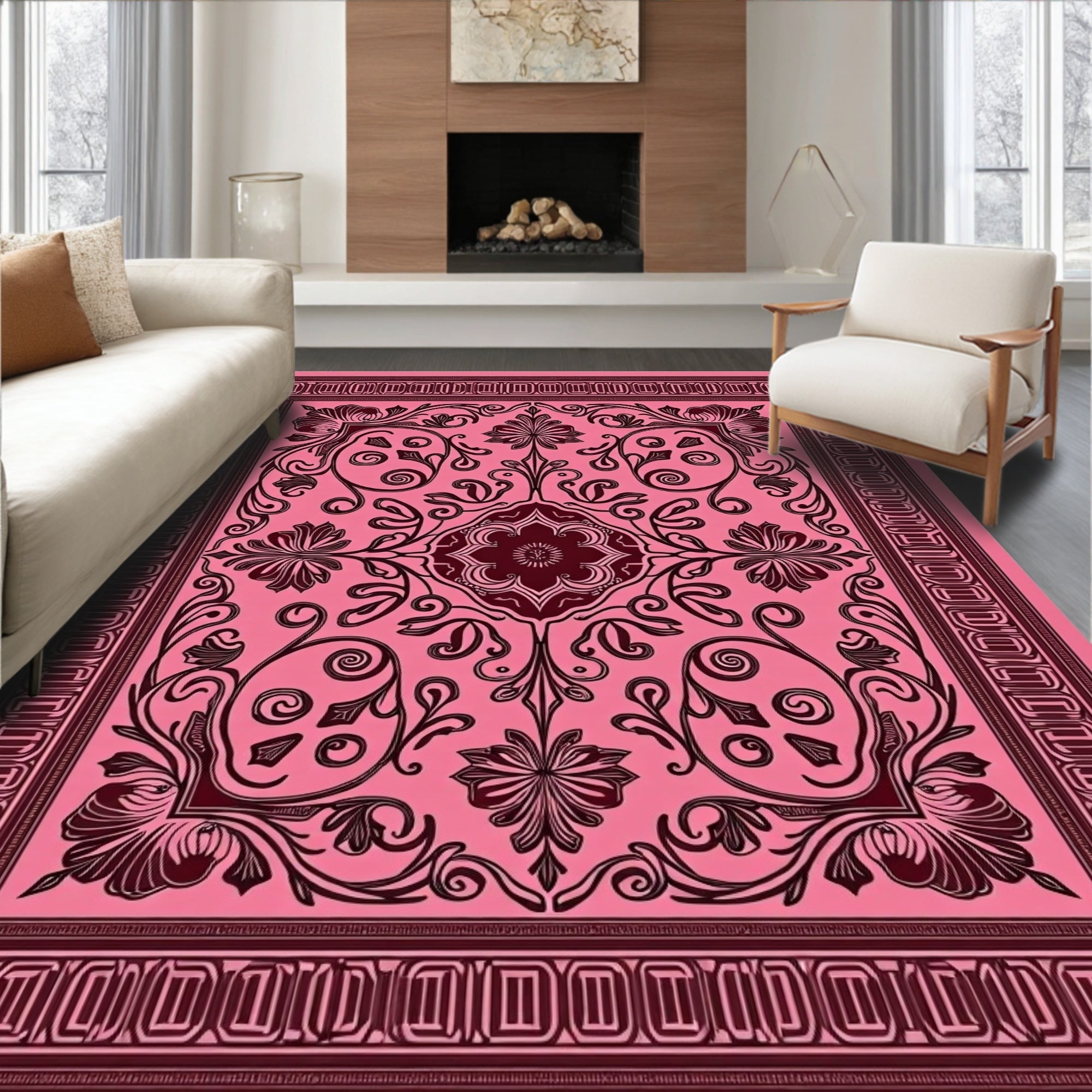 Vintage Pink Floral Scroll Medallion Rug
