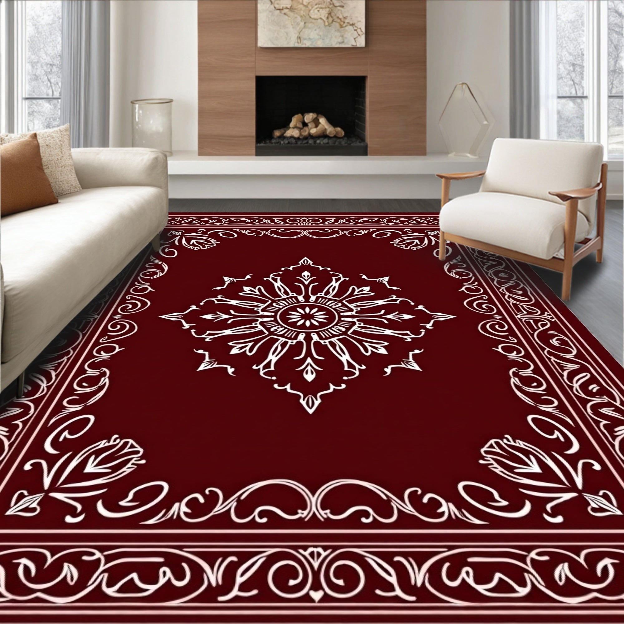 Maroon Elegant Floral Medallion Border Rug