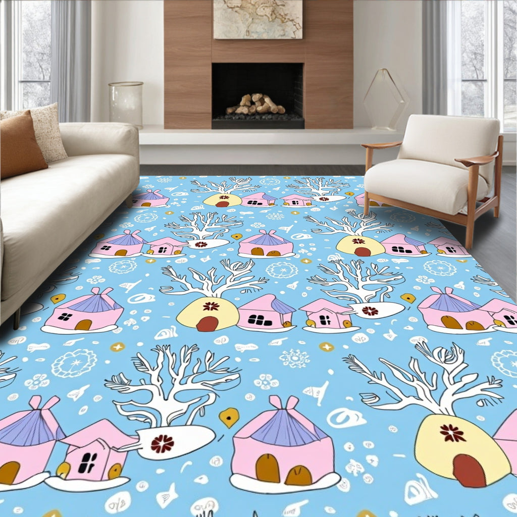 Whimsical Pink Houses White Trees Rug