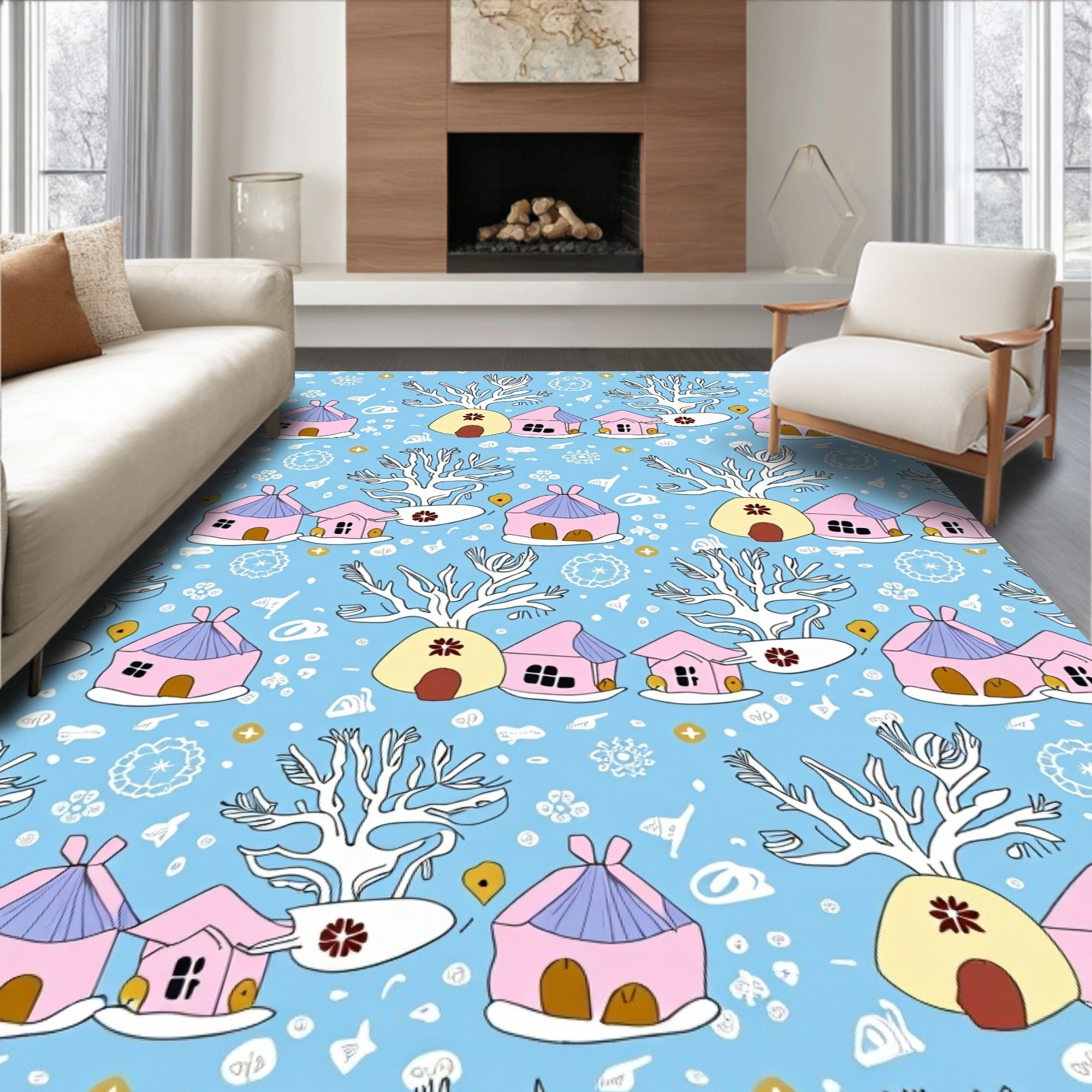 Whimsical Pink Houses White Trees Rug