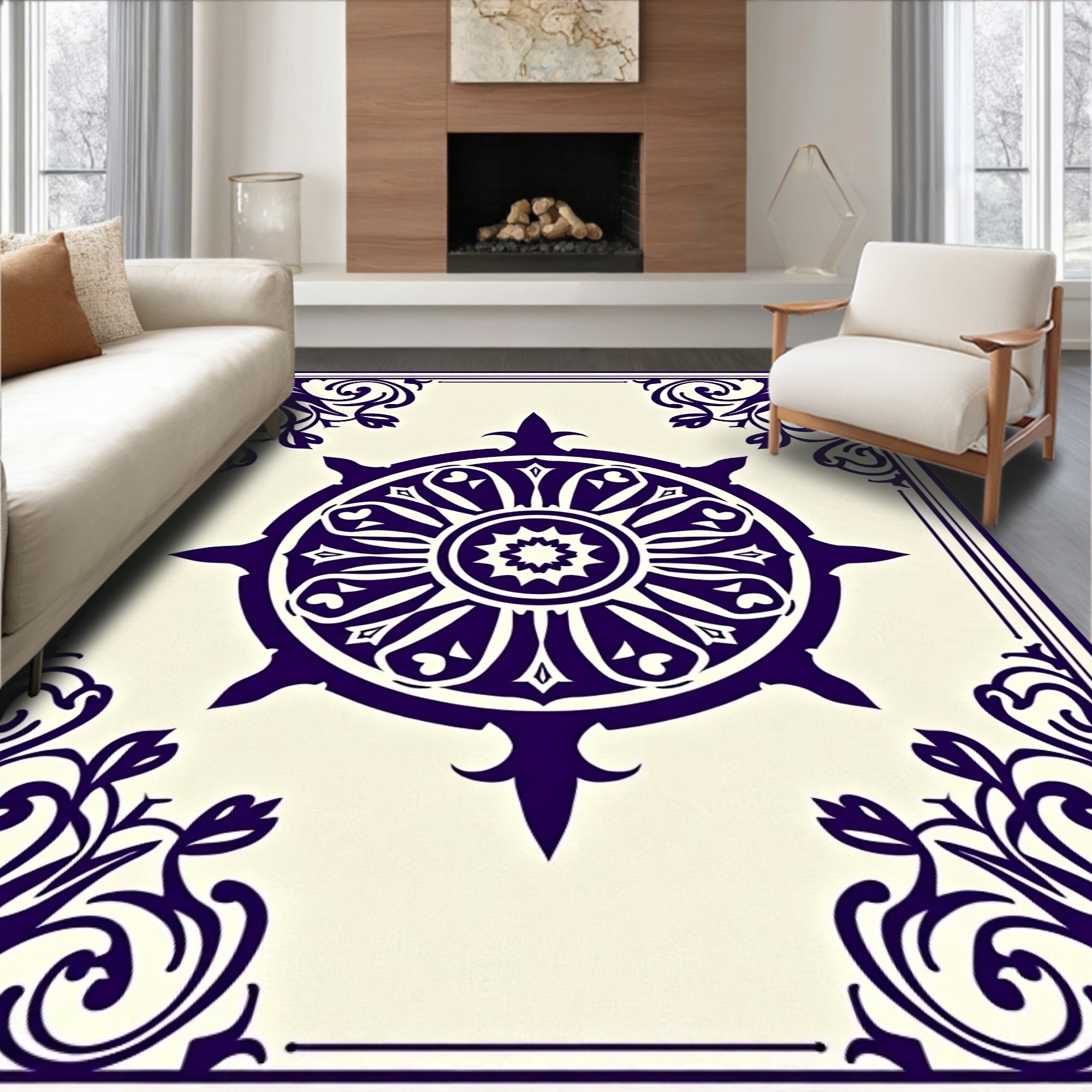 Deep Violet Wheel Floral Corner Rug