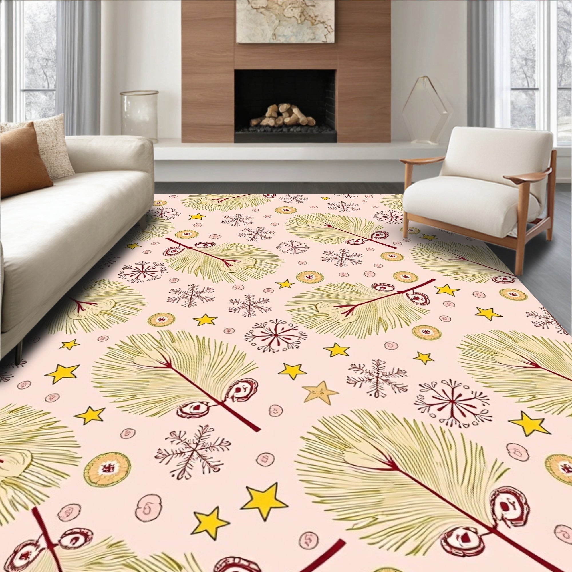 Golden Pine Sprigs Snowflake Stars Rug