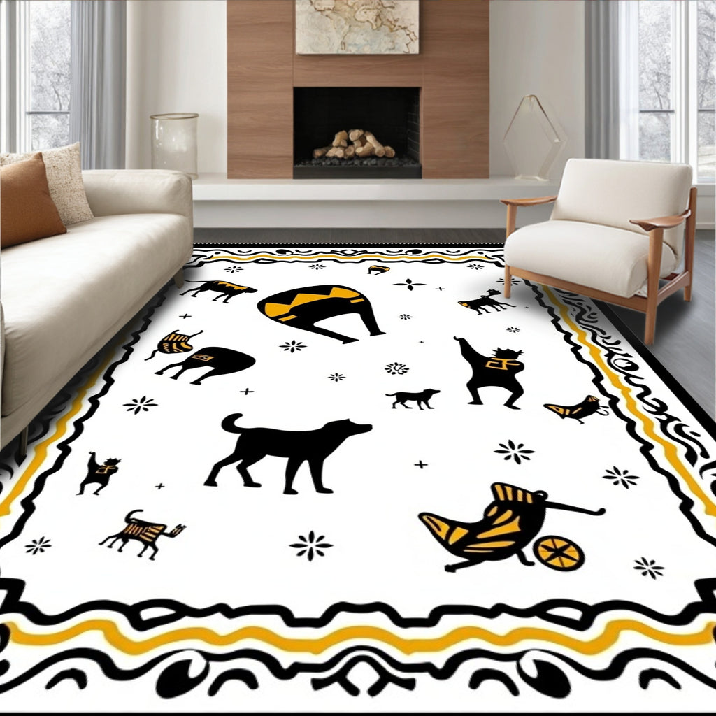 Whimsical Black Yellow Animal Caravan Scene Rug