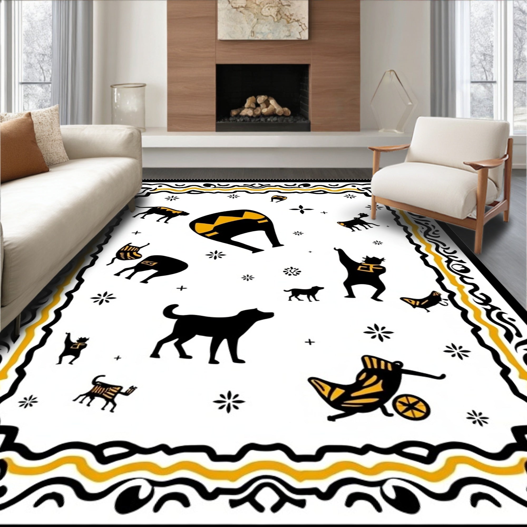 Whimsical Black Yellow Animal Caravan Scene Rug