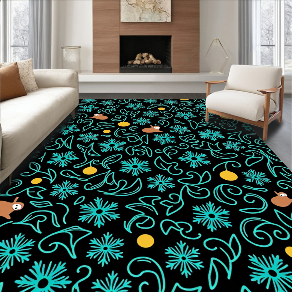 Whimsical Brown Critter Teal Swirl Rug