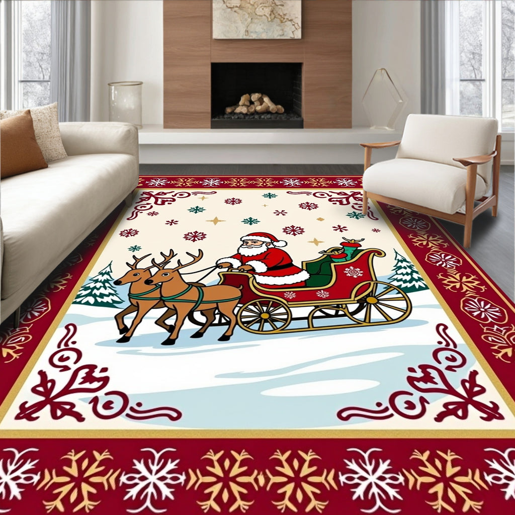 Festive Santa Sleigh Snowflakes Border Rug