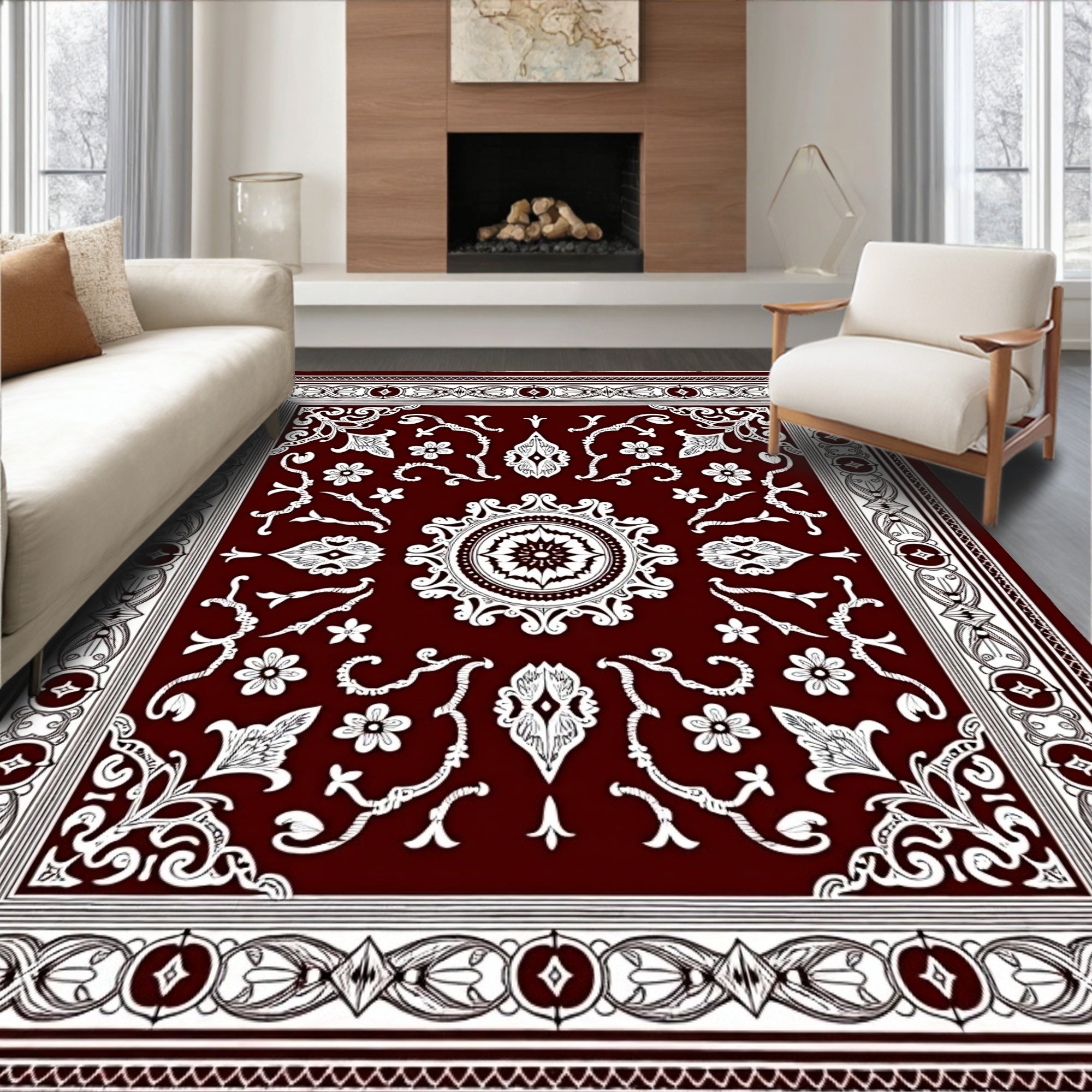 Crimson White Detailed Floral Medallion Rug