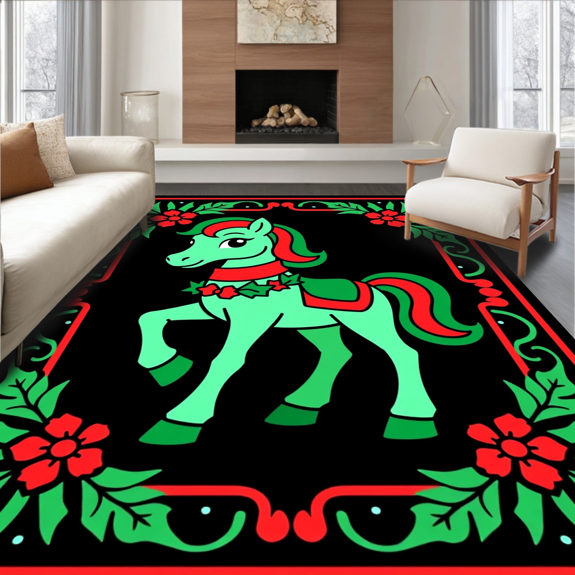 Whimsical Mint Horse Festive Holly Wreath Rug