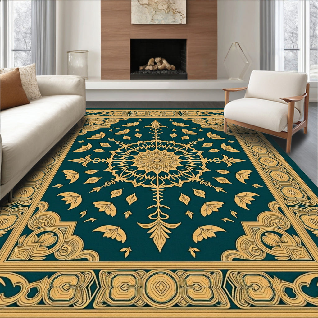 Teal Gold Mandala Floral Border Rug