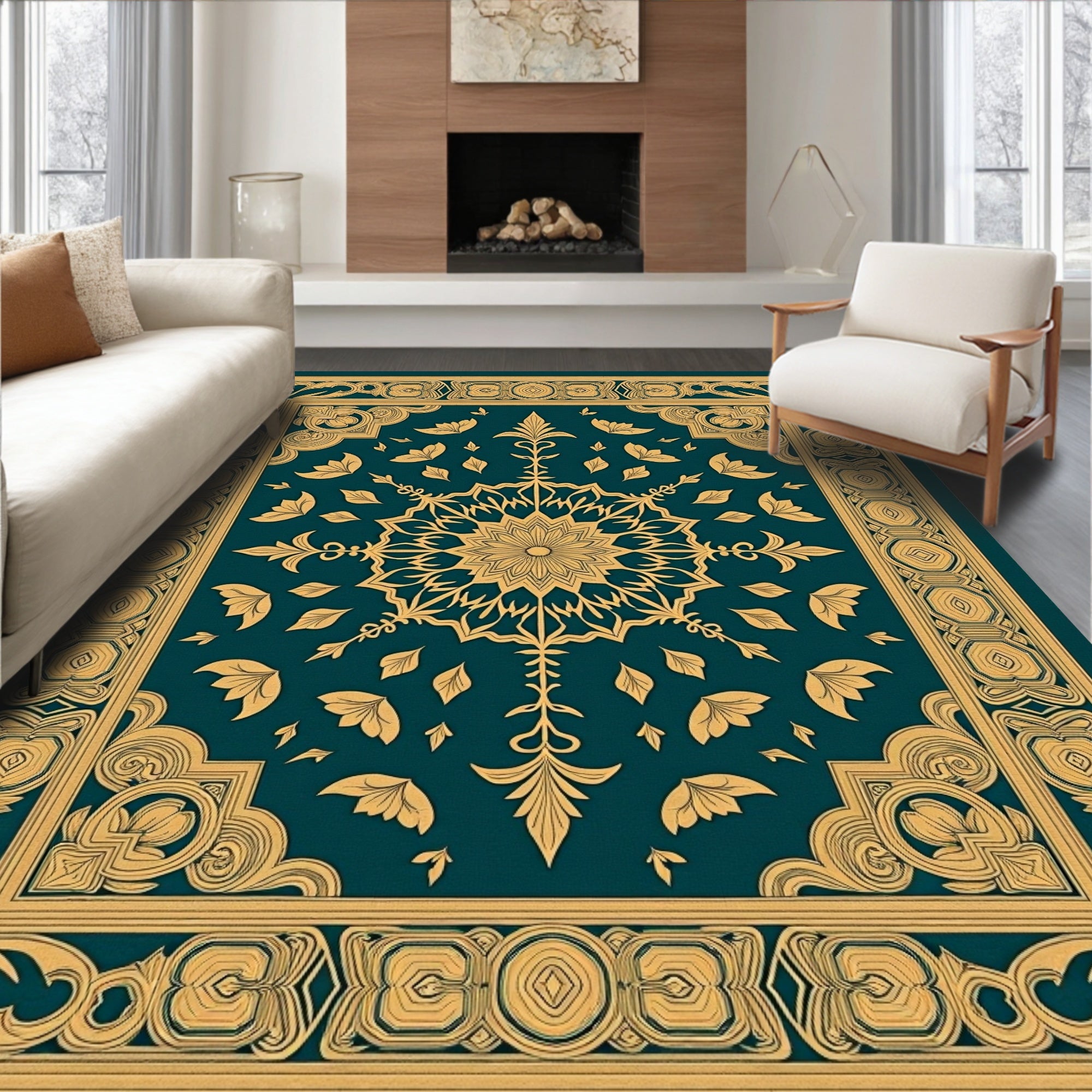 Teal Gold Mandala Floral Border Rug